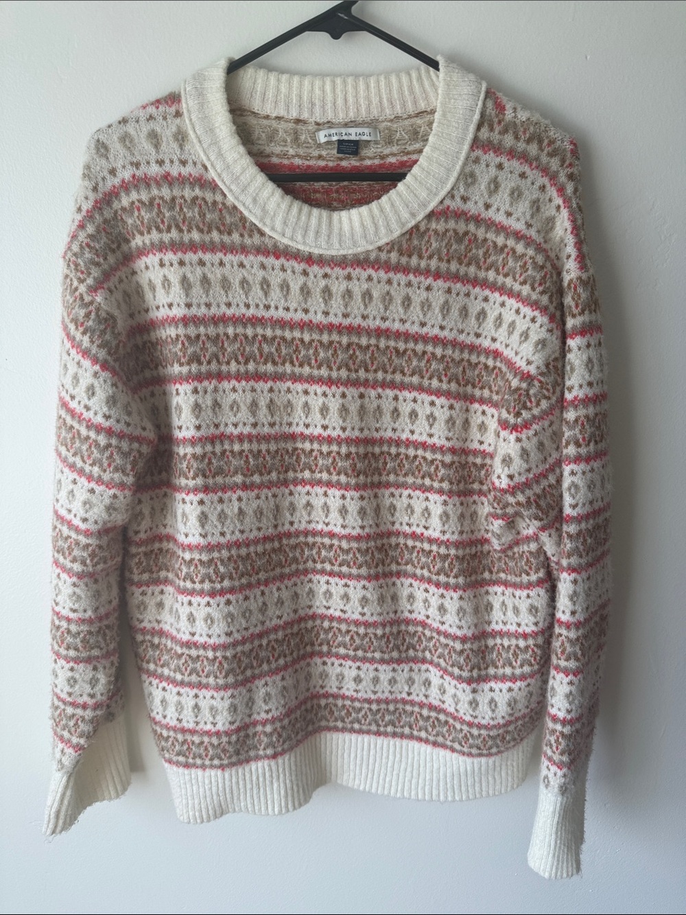 American Eagle Outfitters Cream Fair Isle Crewneck with Taupe and Pink Accents
